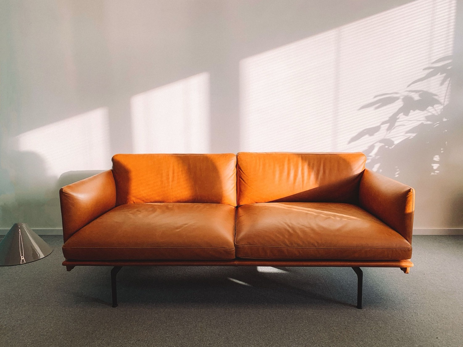 A warm, considered interior detail — a tan leather sofa in soft daylight