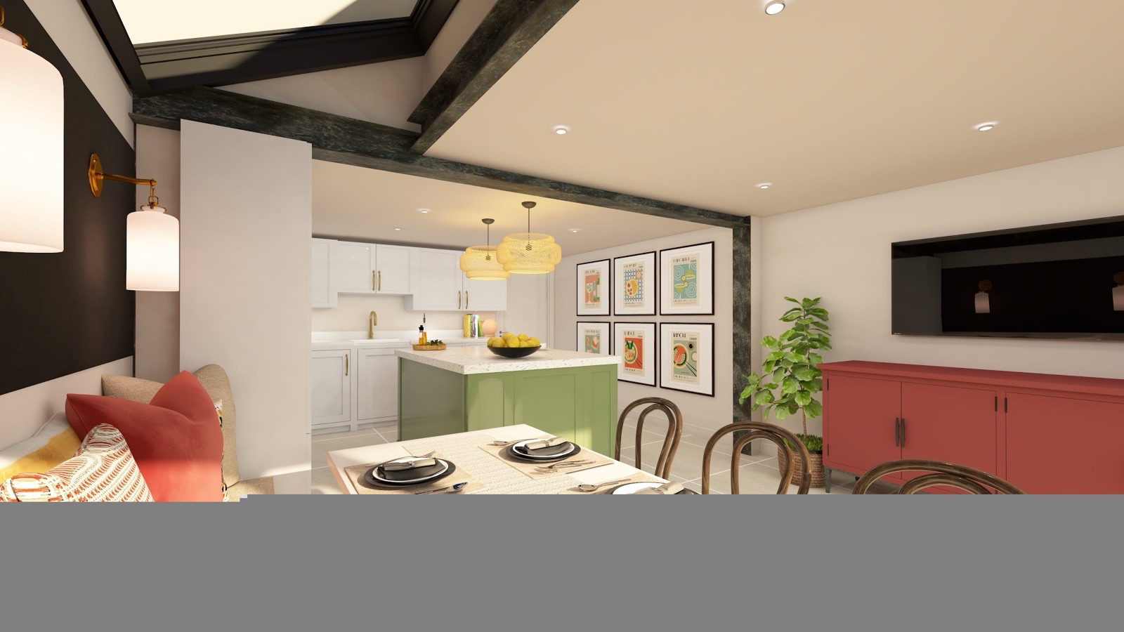 A Studio Ember scheme visualisation for an open-plan kitchen-diner: a sage island, terracotta sideboard, gallery wall and layered lighting — how a room is imagined before it's brought to life.